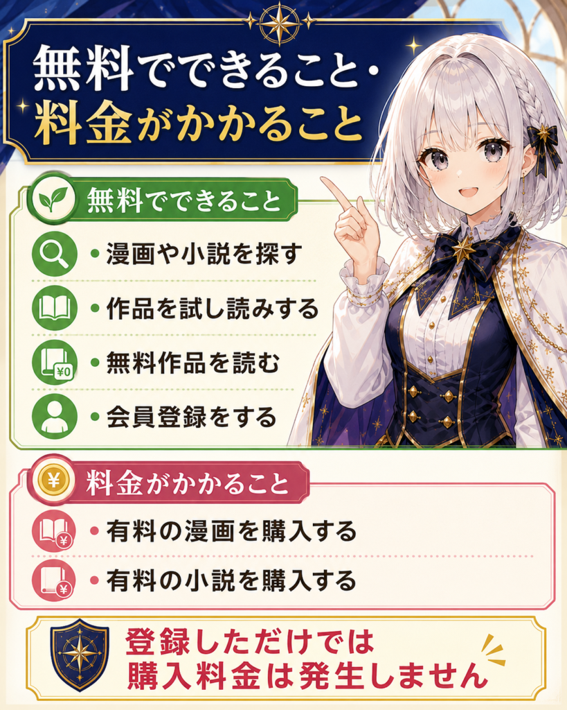 BookLiveで無料でできることと料金がかかることの違いをルナが案内する図解