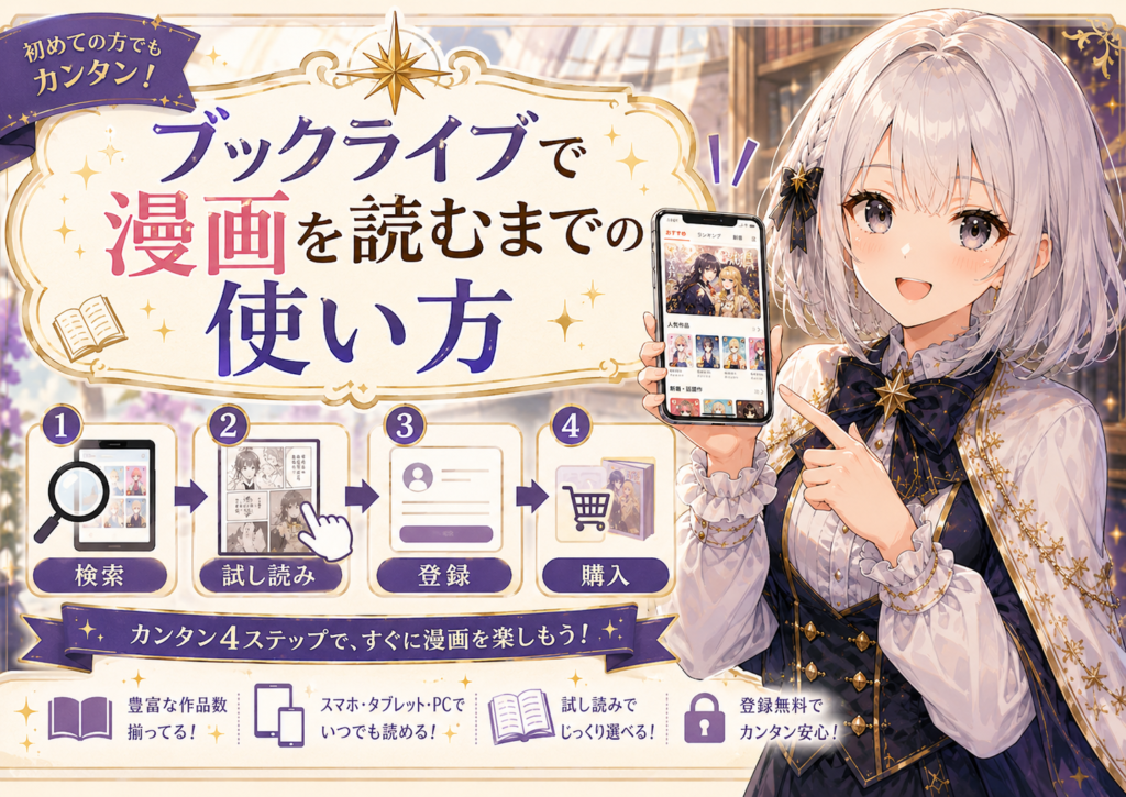 BookLiveで漫画を読むまでの使い方を4ステップで案内するルナのH2画像