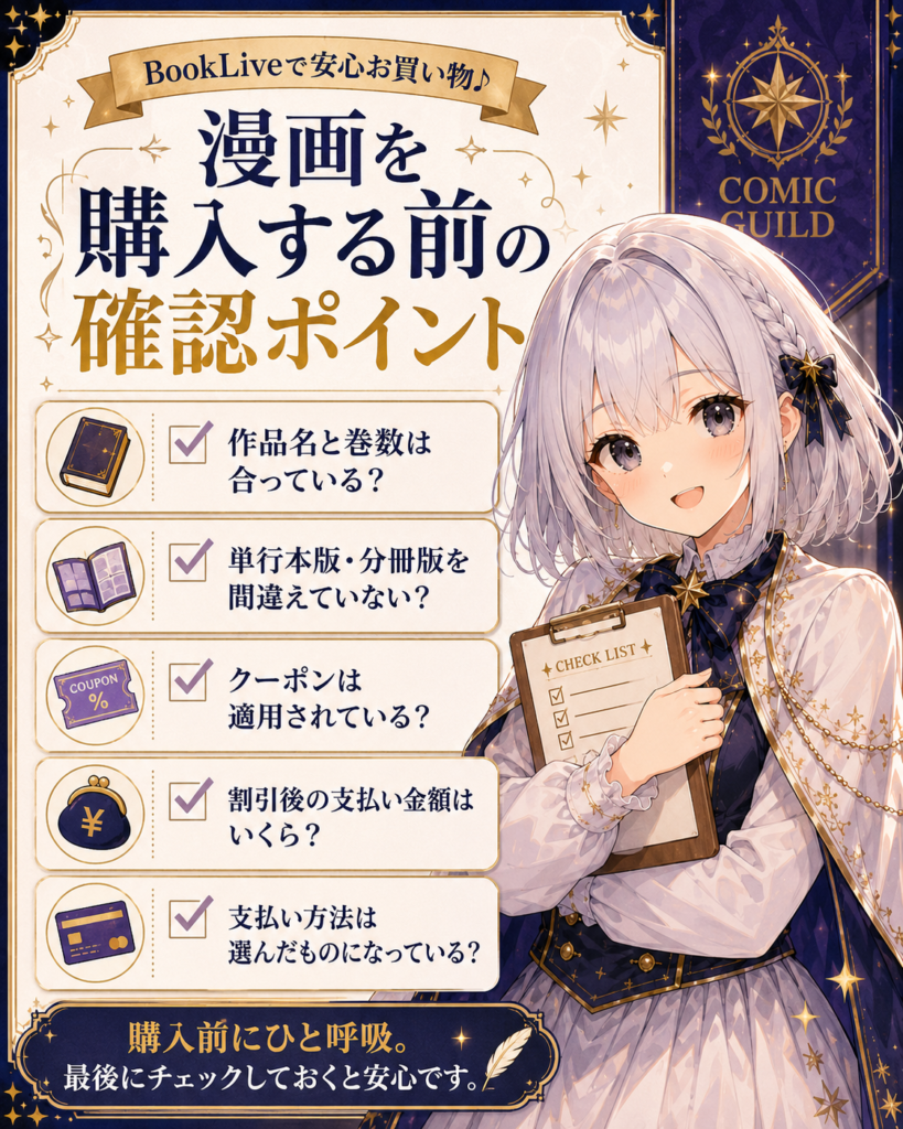 BookLiveで漫画を購入する前に確認したいポイントをルナがチェックリストで案内する図解
