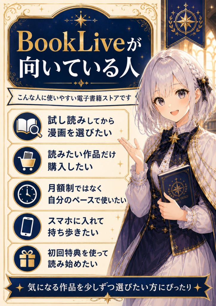 BookLiveが向いている人の特徴を5つに分けてルナが案内する図解