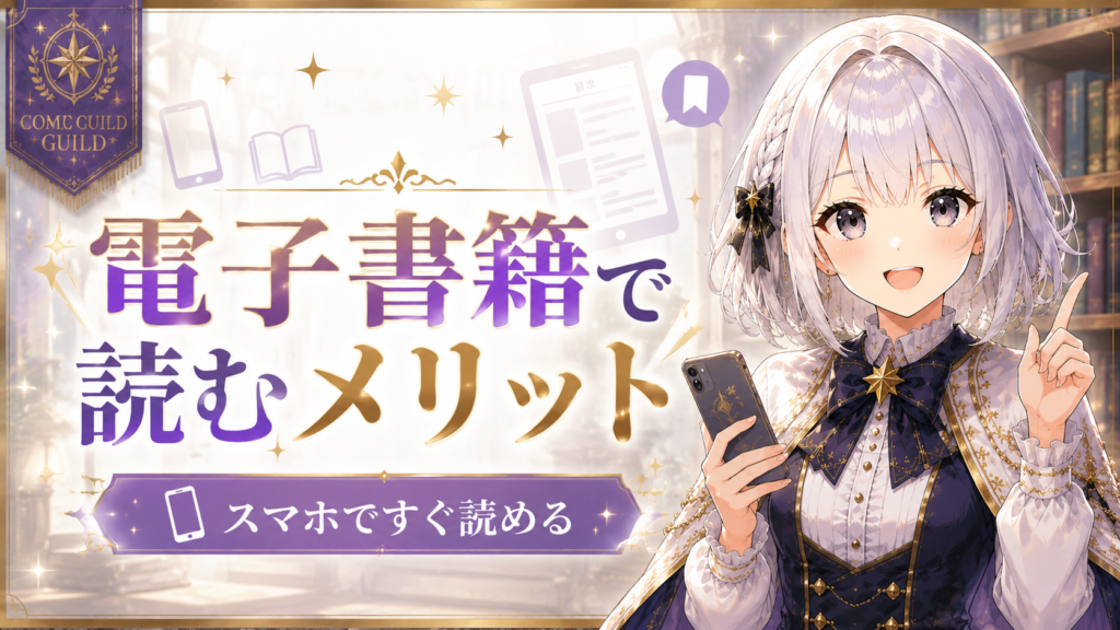 受付嬢ルナがちいかわを電子書籍で読むメリットとしてスマホですぐ読める便利さを案内している画像