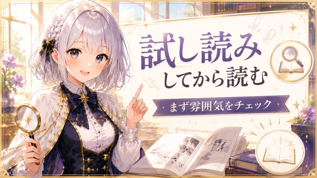 受付嬢ルナがちいかわを購入前に試し読みして雰囲気を確認する方法を案内している画像