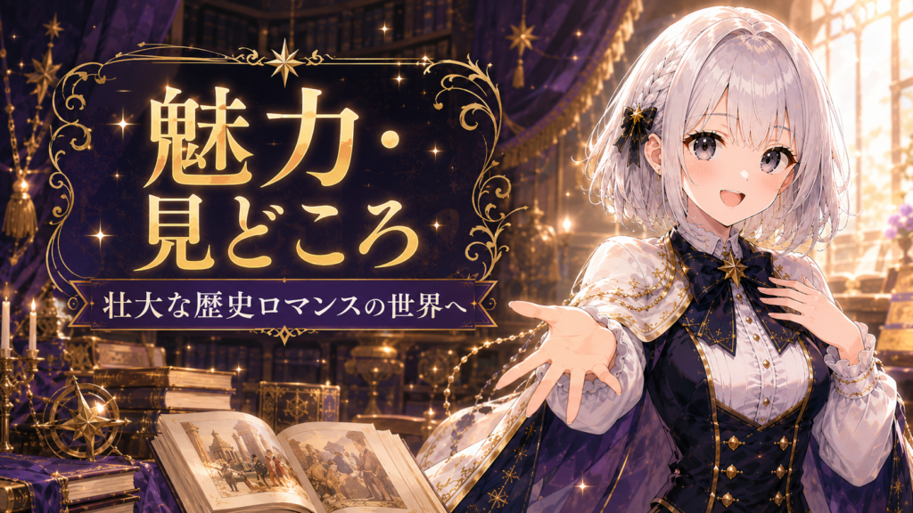受付嬢ルナが『天は赤い河のほとり』の魅力や壮大な歴史ロマンの見どころを紹介しているH2画像