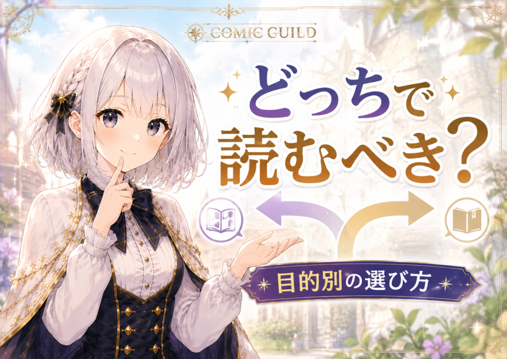 受付嬢ルナが漫画アプリと電子書籍ストアのどちらで読むべきか目的別に案内している画像