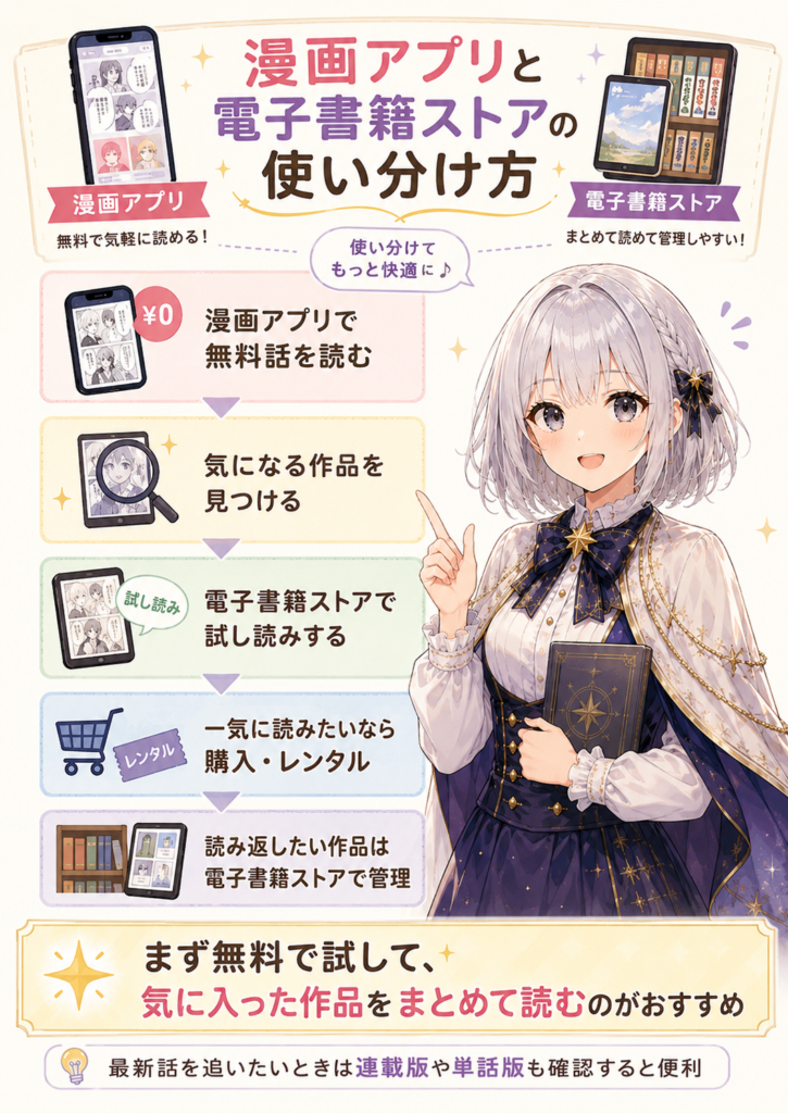 漫画アプリで無料話を読み、気になる作品を見つけてから電子書籍ストアで試し読み・購入・レンタルへ進む流れを、ルナが案内する図解画像