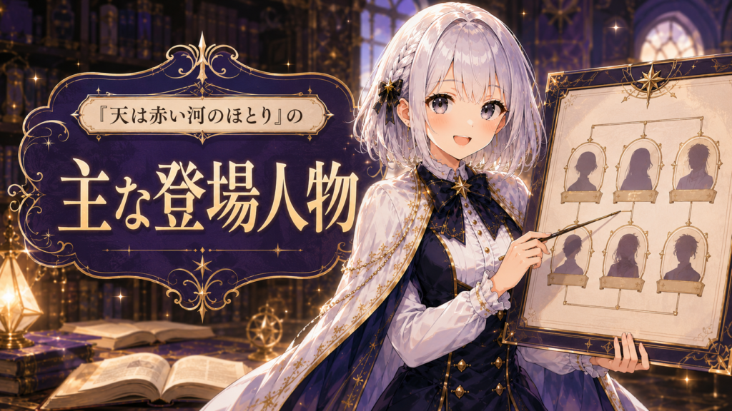 受付嬢ルナが人物関係をまとめたボードで『天は赤い河のほとり』の主な登場人物を案内しているH2画像