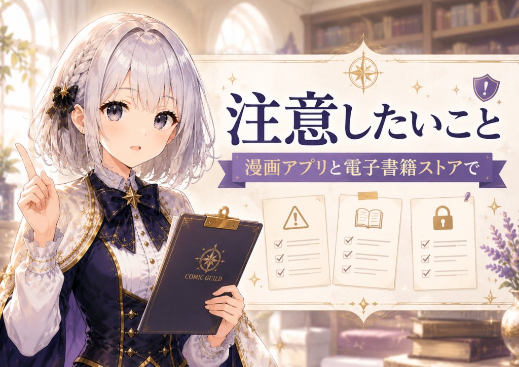 受付嬢ルナが漫画アプリと電子書籍ストアで読む前に注意したいポイントを案内している画像