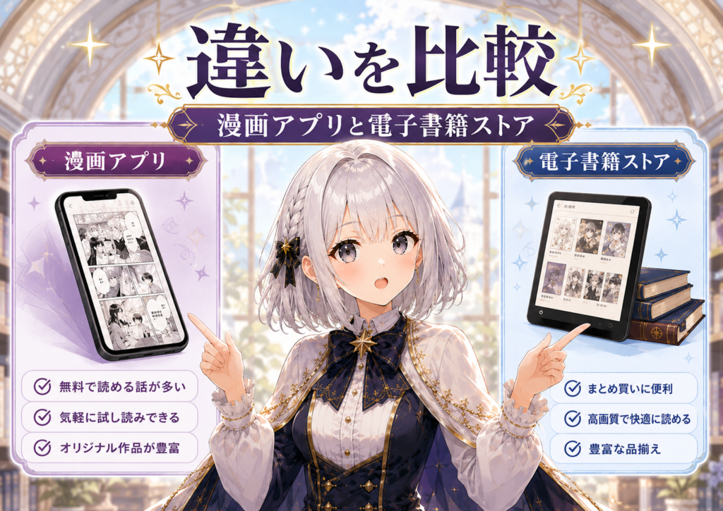 受付嬢ルナが漫画アプリと電子書籍ストアの違いを比較し、読み方の違いを案内している画像
