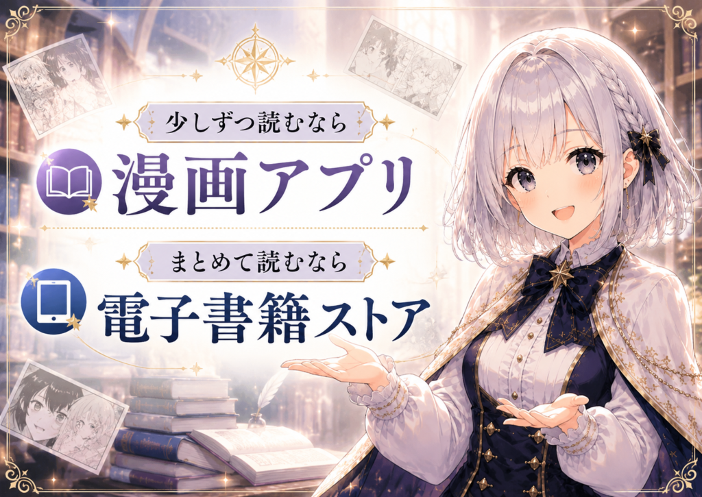 受付嬢ルナが少しずつ読むなら漫画アプリ、まとめて読むなら電子書籍ストアと案内している画像
