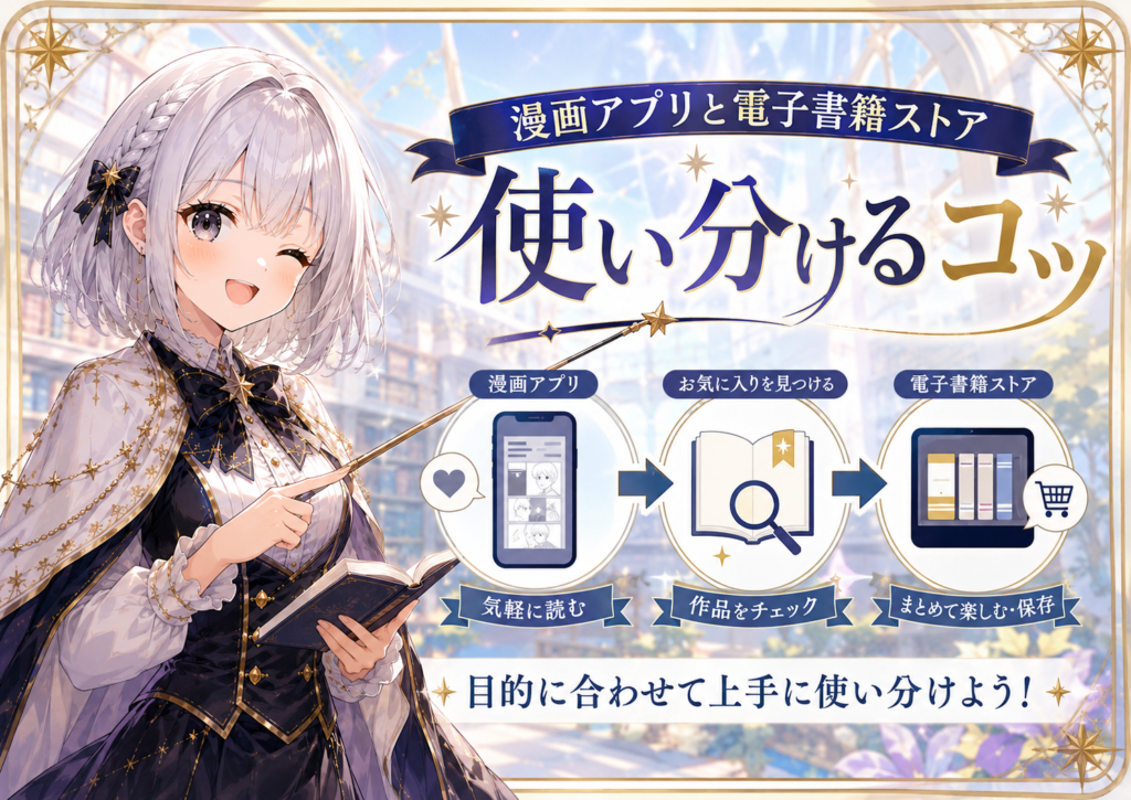 受付嬢ルナが漫画アプリと電子書籍ストアを目的に合わせて使い分けるコツを案内している画像