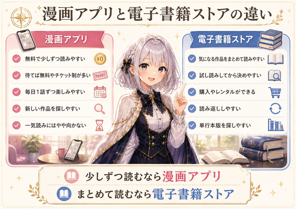 漫画アプリと電子書籍ストアの違いを比較した図解。漫画アプリは少しずつ無料で読みやすく、電子書籍ストアはまとめ読みや試し読みに向いていることを案内役のルナと一緒にわかりやすく紹介している画像。