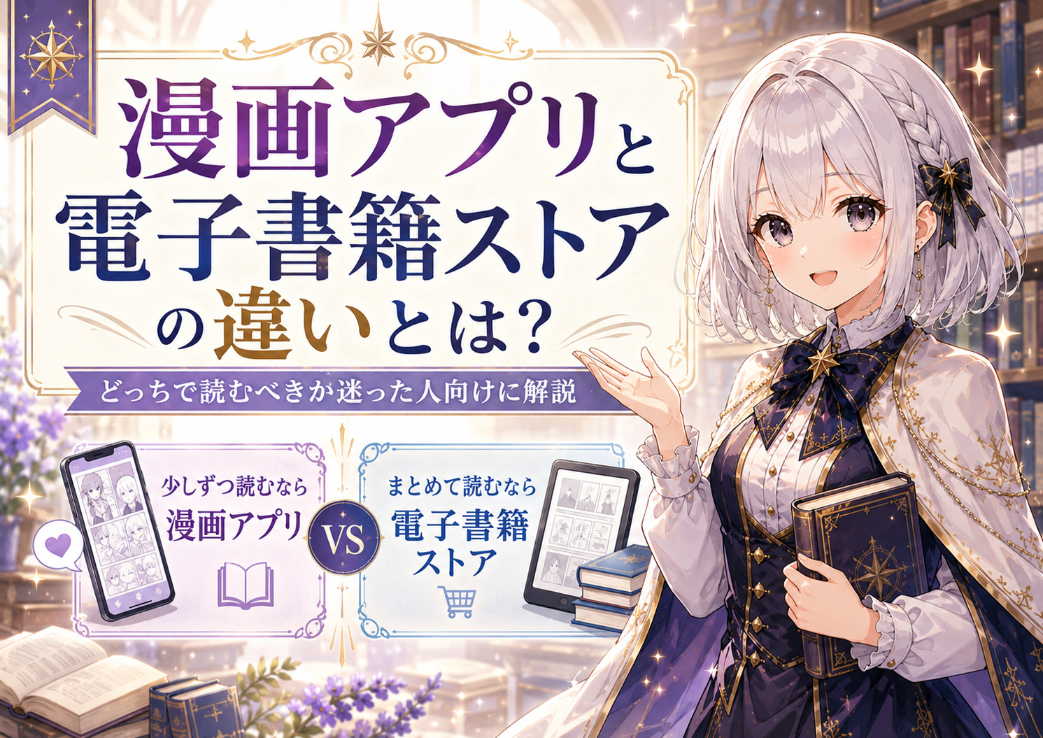 受付嬢ルナが漫画アプリと電子書籍ストアの違いを案内し、どちらで読むべきか迷った人向けに紹介しているアイキャッチ画像
