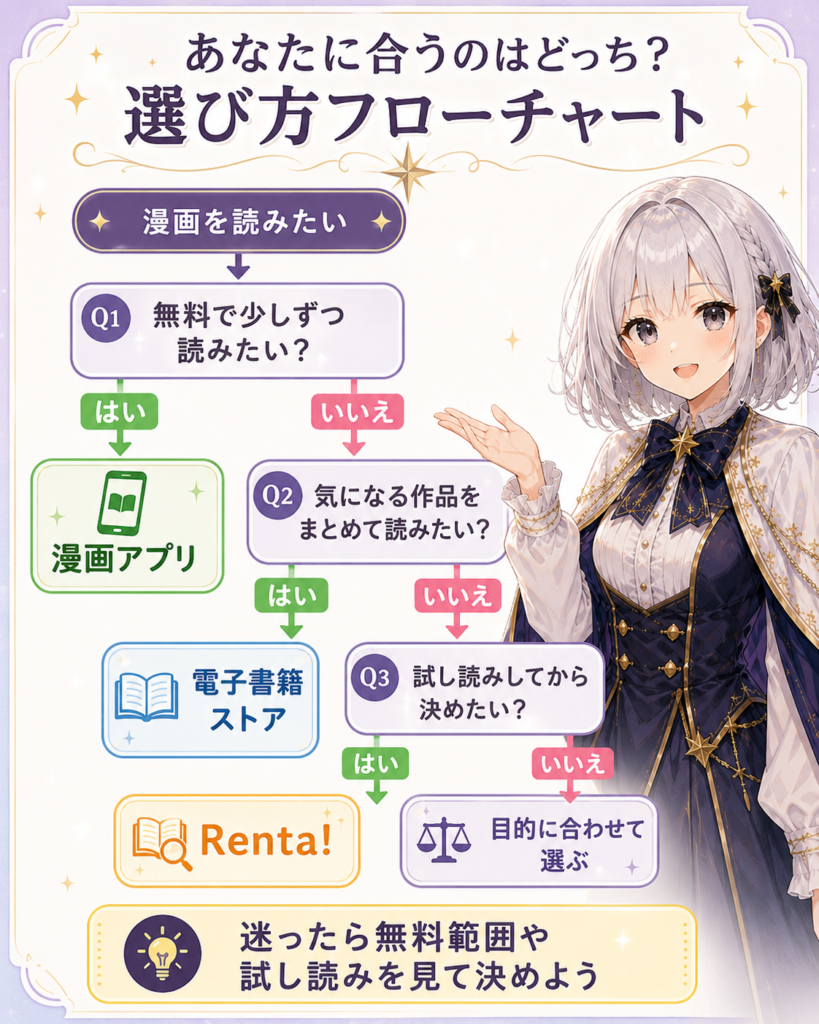ルナが案内役として登場し、漫画アプリ・電子書籍ストア・Renta!のどれを選ぶかを「はい・いいえ」でたどれる選び方フローチャートをまとめた図解画像。