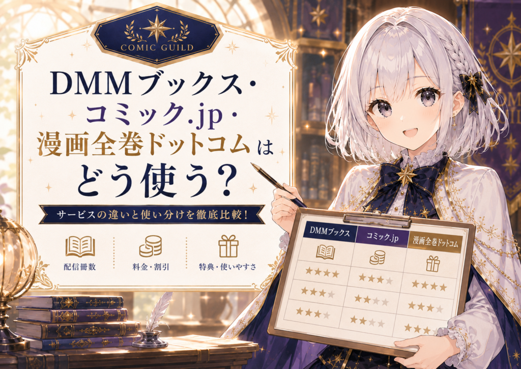 受付嬢ルナが『悪役令嬢の中の人』を読める電子書籍サービスを比較しながら紹介しているイメージ