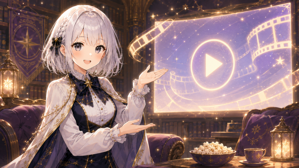受付嬢ルナが動画画面を示しアニメ『乙女怪獣キャラメリゼ』の放送・配信情報を紹介しているH2画像