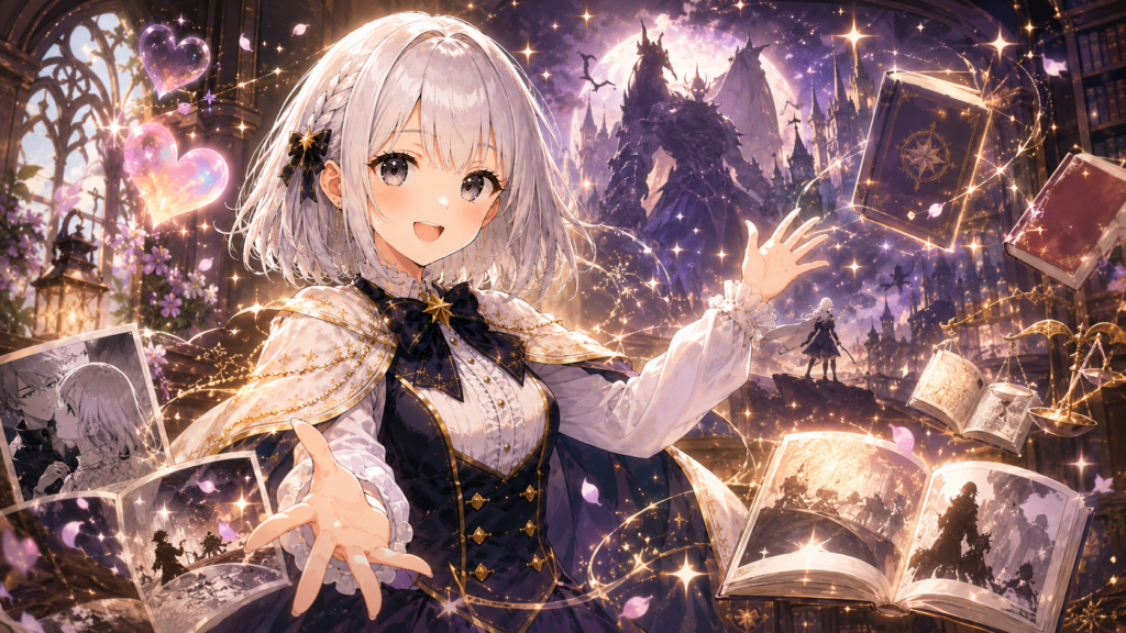 受付嬢ルナが幻想的な物語の本を広げ『乙女怪獣キャラメリゼ』のあらすじを紹介しているH2画像