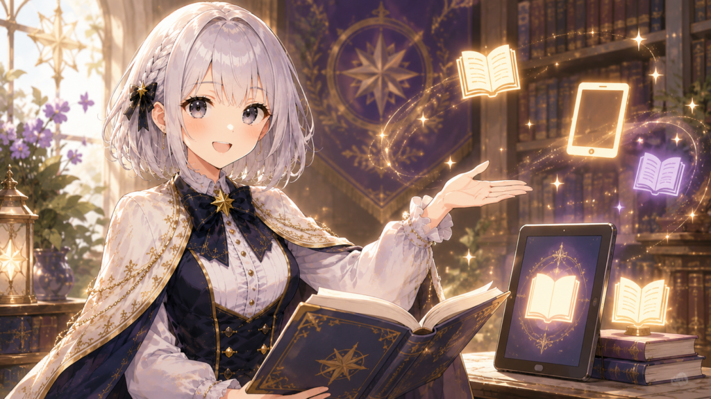 受付嬢ルナが本やタブレットを使い『乙女怪獣キャラメリゼ』を読めるサービスを案内しているH2画像