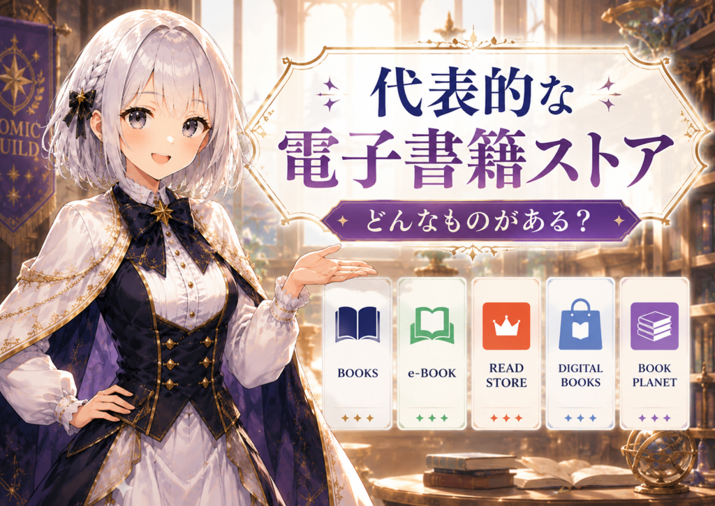 受付嬢ルナが代表的な電子書籍ストアにはどんなものがあるかを案内している画像