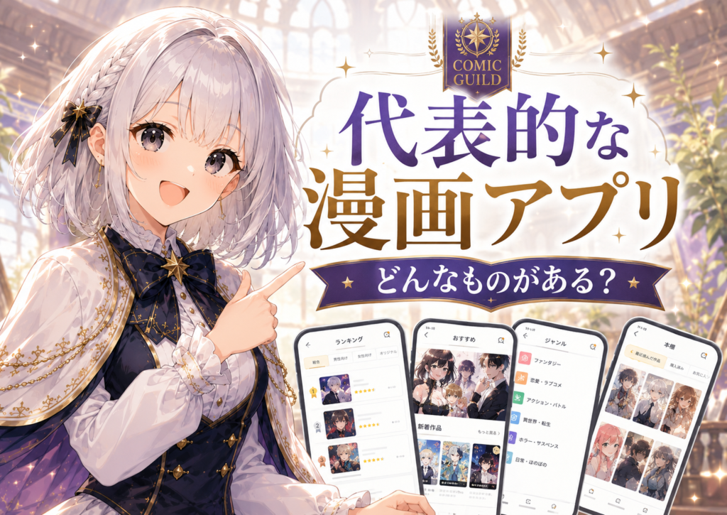 受付嬢ルナが代表的な漫画アプリにはどんなものがあるかを案内している画像