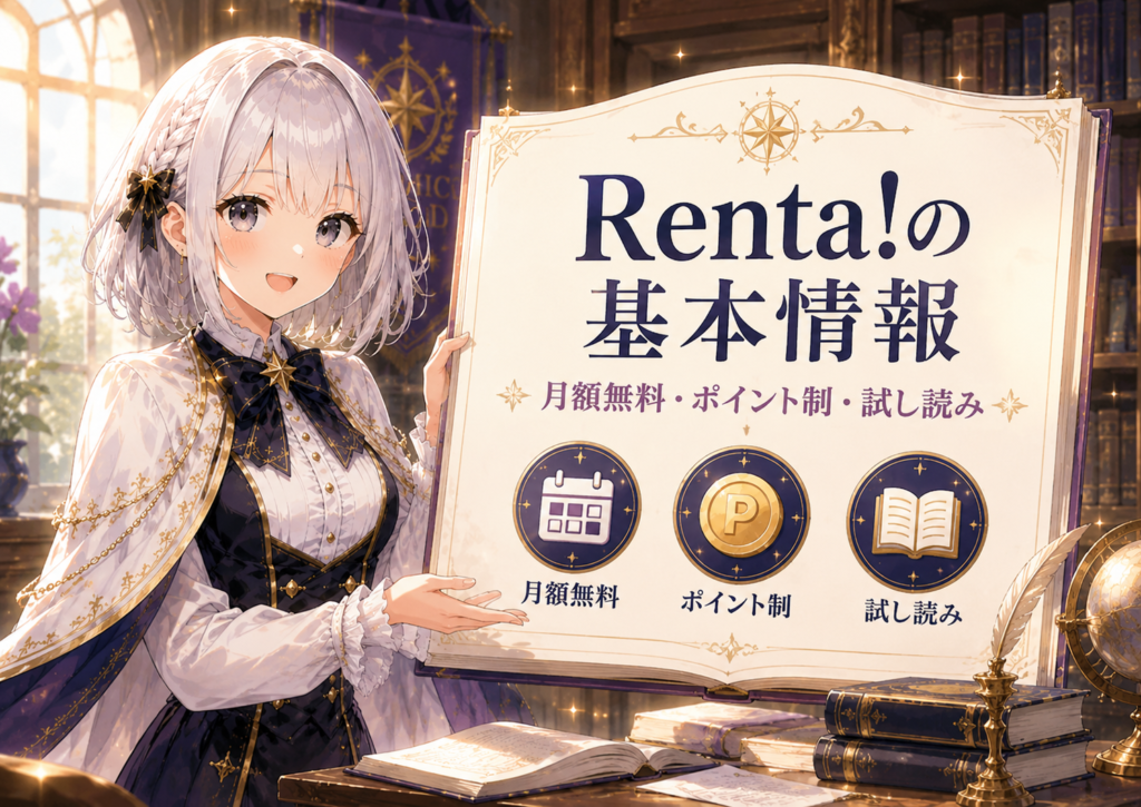 受付嬢ルナがRenta!の月額無料・ポイント制・試し読みなどの基本情報を説明している画像