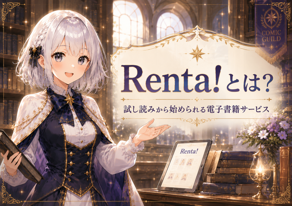 受付嬢ルナがRenta!は試し読みしてからレンタルや購入を選べる電子書籍サービスだと案内している画像