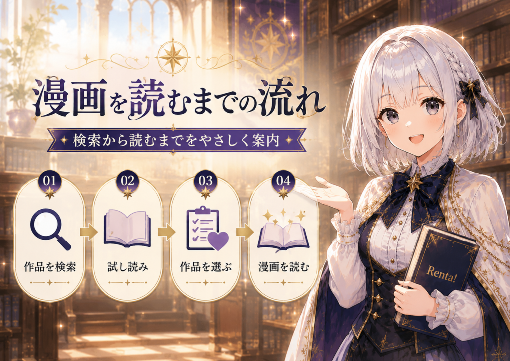 受付嬢ルナがRenta!で作品検索から試し読み、漫画を読むまでの流れを案内している画像