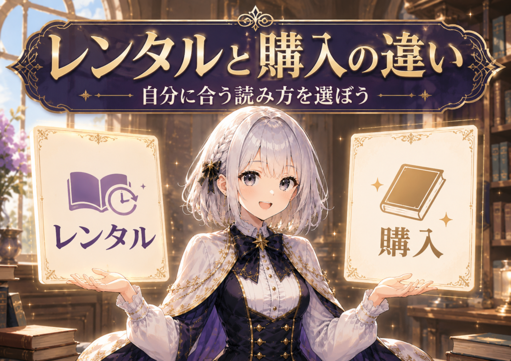 受付嬢ルナがRenta!のレンタルと購入の違いを初心者向けに案内している画像