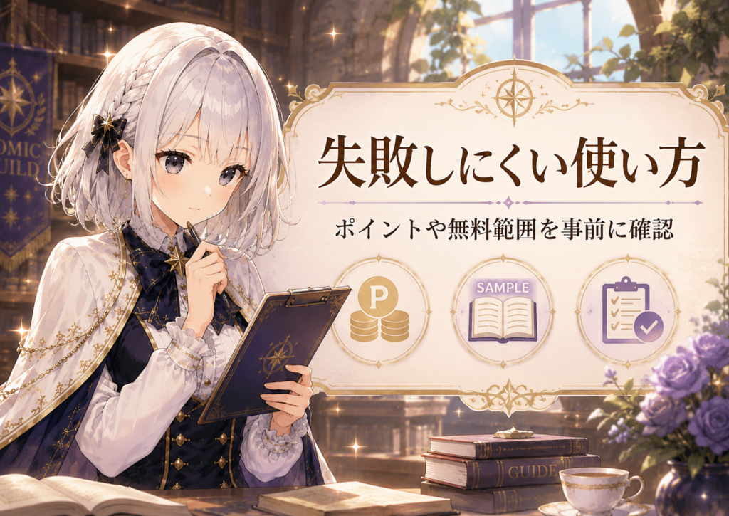 受付嬢ルナがRenta!で失敗しにくい使い方としてポイントや無料範囲の確認を案内している画像