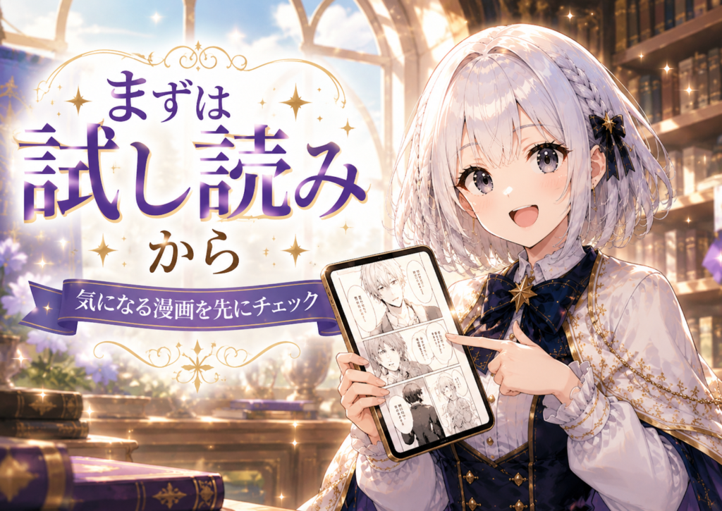 受付嬢ルナがRenta!で気になる漫画をまず試し読みから始める方法を案内している画像