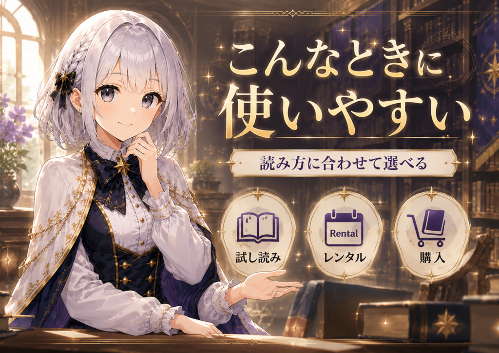 受付嬢ルナがRenta!を使いやすい場面として試し読み・レンタル・購入を紹介している画像