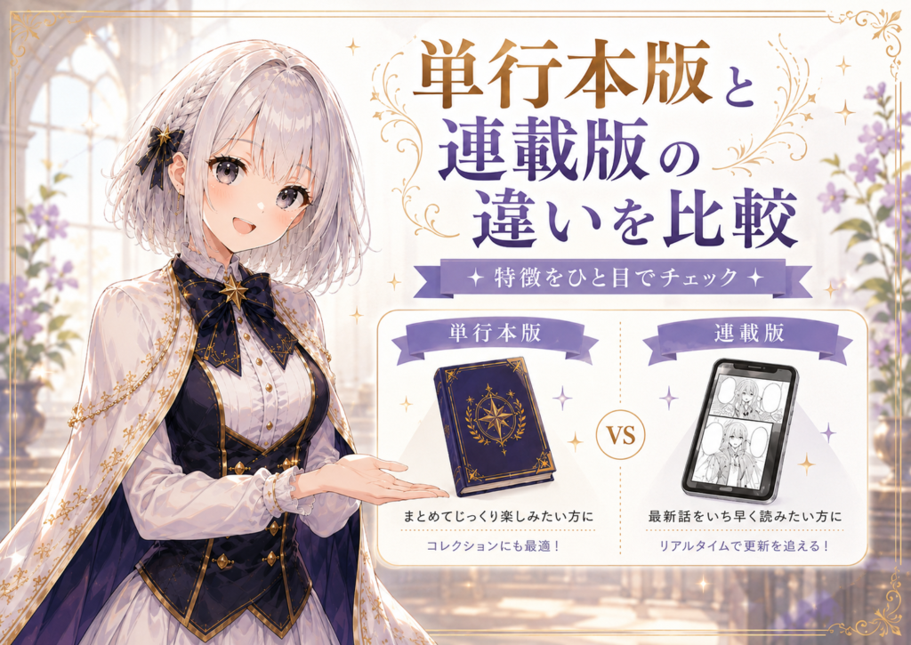 受付嬢ルナが単行本版と連載版の違いを比較し、まとめ読みと最新話を追う読み方の違いを案内している画像