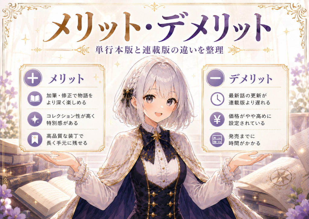 受付嬢ルナが単行本版と連載版のメリットとデメリットを比較して紹介している画像