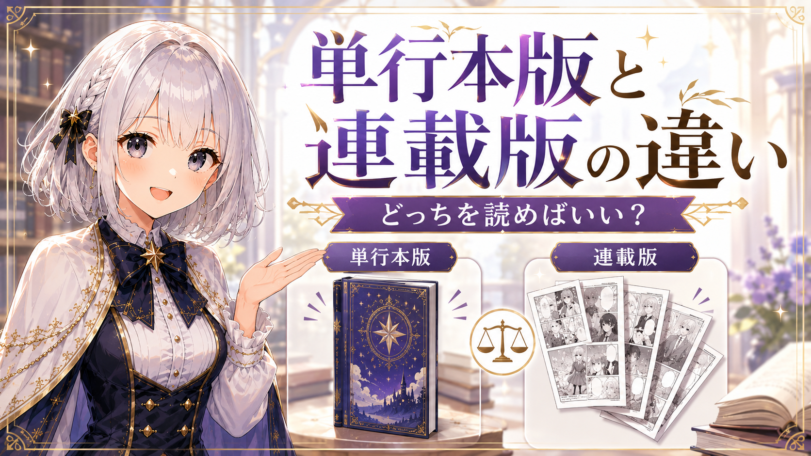 受付嬢ルナが単行本版と連載版の違いを案内し、どちらを読めばいいか迷った人向けに紹介しているアイキャッチ画像