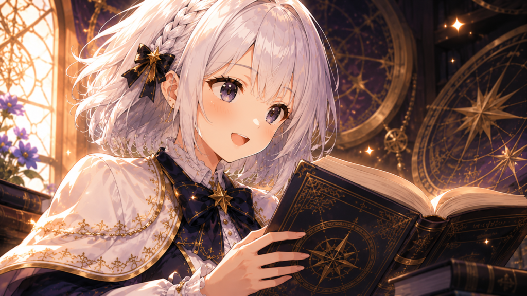 受付嬢ルナが本を読みながら『天幕のジャードゥーガル』の魅力や見どころを紹介しているH2画像