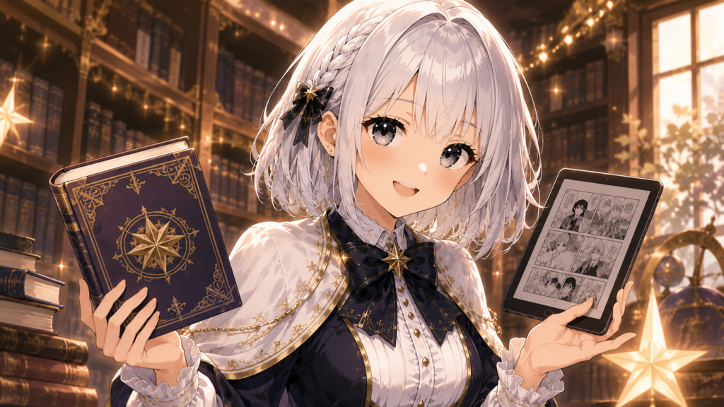 受付嬢ルナが『天幕のジャードゥーガル』を読める電子書籍サービスを案内しているH2画像