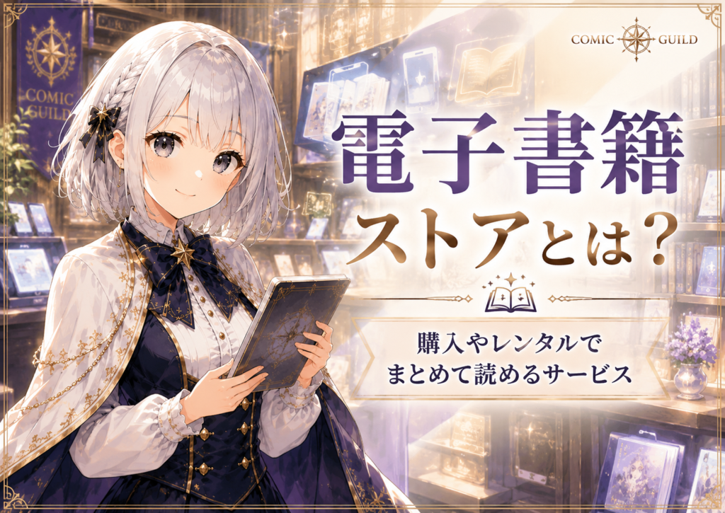 受付嬢ルナが電子書籍ストアは購入やレンタルでまとめて読めるサービスだと紹介している画像
