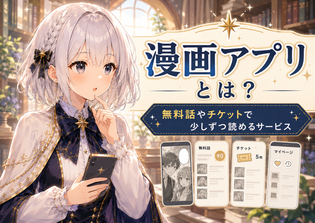 受付嬢ルナが漫画アプリは無料話やチケットで少しずつ読めるサービスだと紹介している画像