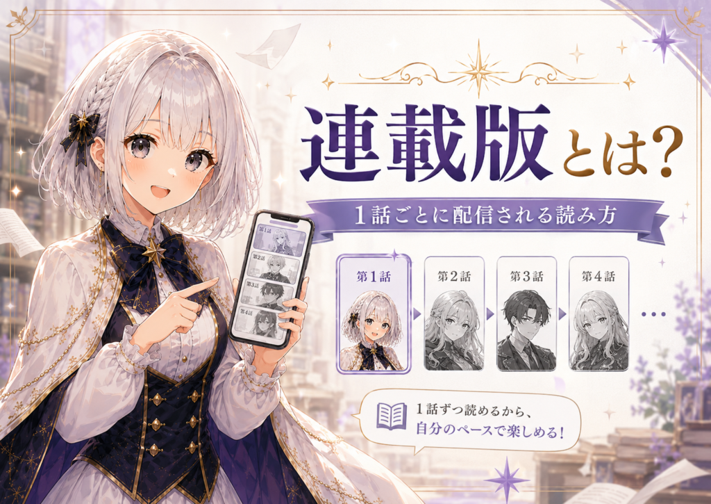 受付嬢ルナが連載版は1話ごとに配信されることが多い読み方だと紹介している画像