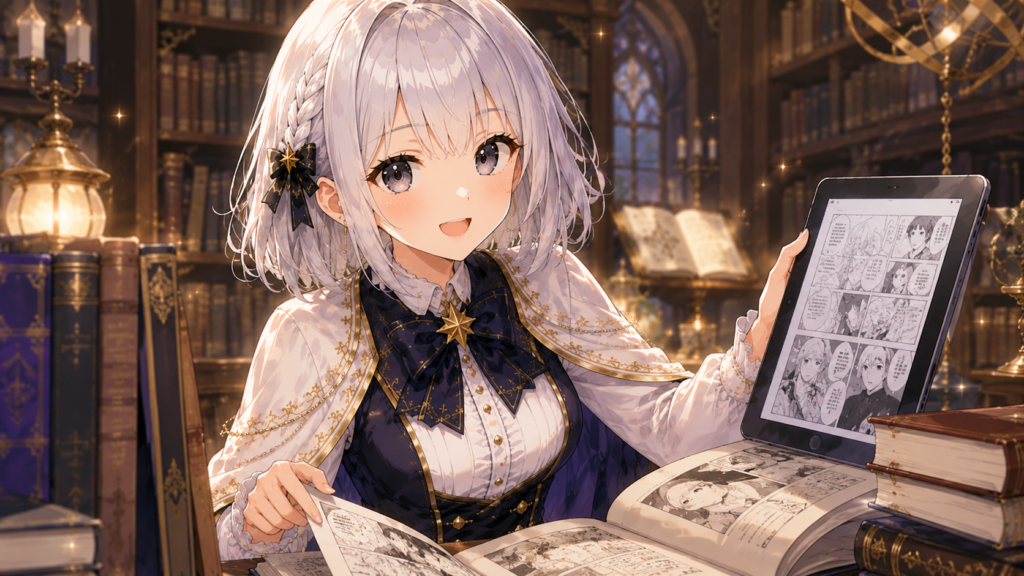 受付嬢ルナが電子書籍とタブレットを使い『天幕のジャードゥーガル』をどこで読めるか紹介しているH2画像