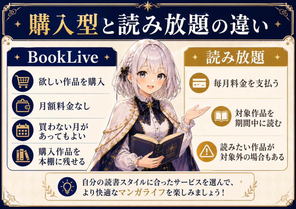 BookLiveの購入型サービスと読み放題サービスの違いをルナが比較して案内する図解