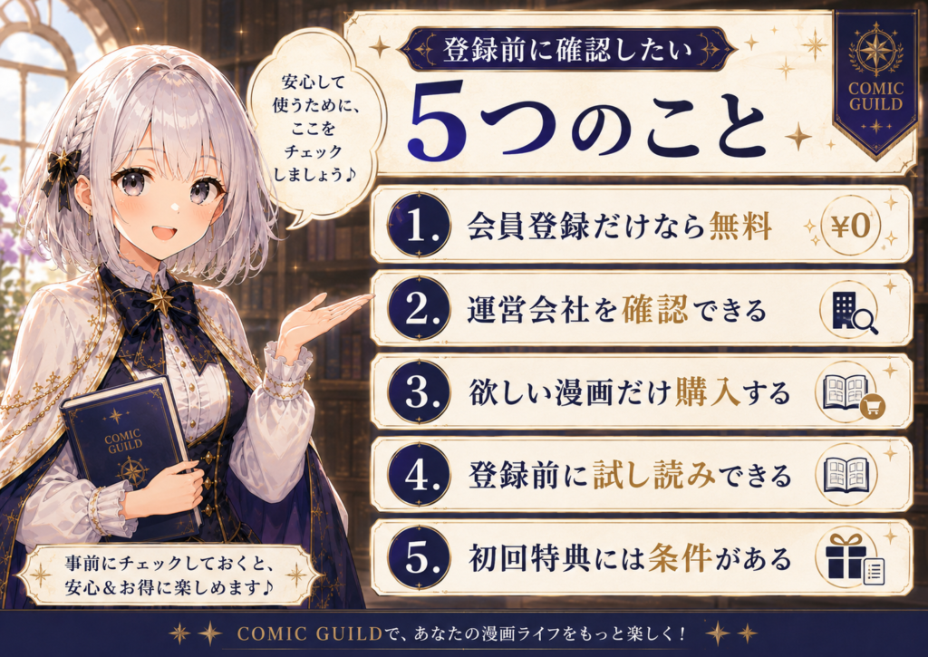 BookLiveへ登録する前に確認したい5つのポイントをルナが案内する図解