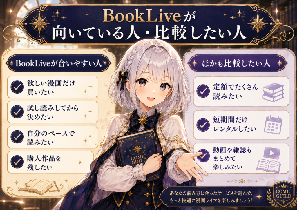 BookLiveが向いている人と、ほかの電子書籍サービスも比較したい人の違いをルナが案内する図解
