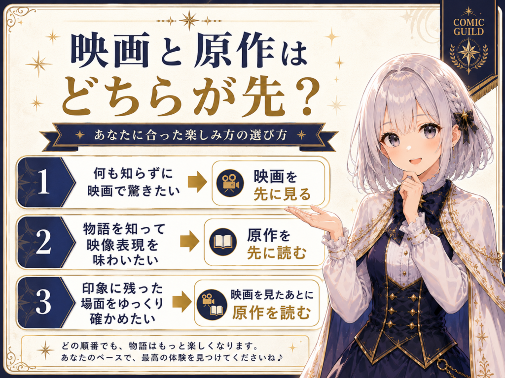 ちいかわのセイレーン編（島編）について、映画と原作のどちらを先に楽しむかの選び方をルナが案内する図解